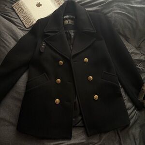 Zara Elegant Black Peacoat with Gold Buttons